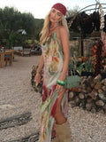 Sexy Printed V-neck Halter Long Dresses Women Retro Sleeveless Backless Side Slit Beach Dress Female Fashion High Street Holiday