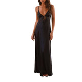 Pbong  Women's Elegant Solid Color Adjustable Thin Shoulder Straps Cutout Tie-Up Front Backless Summer Long Cami Silky Dress
