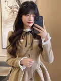 Elegant Women Dresses Ruffled Collar Puff Sleeve Single Breasted Vestidos Femme Temperament Korean A-line Sweet Pleated Dress