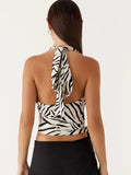 Sexy Zebra Print Tank Tops Backless Swing Collar Lace-Up Halter Side Tassel Sleeveless Elegant Party Summer Y2K Vest
