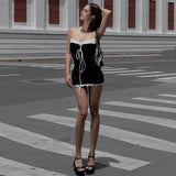 Sexy Cross Bandage Patchwork Mini Dress Y2K Streetwear Spaghetti Straps Low-cut Dresses Summer Casual Women's Vestidos