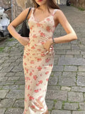 Pbong  Sexy Small Flower Print Deep V neck Mesh Sling Dress Woman Ruched Package Hips Spaghetti Strap Mini Party Dresses Bodycon