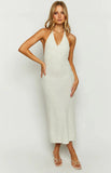 Halter Neck Knit Beach Long Dress Women Solid Color White Sleeveless Dresses For Vacation V Neck Bikini Swimming Sexy Cover-ups