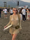 2025 Summer Sexy Backless See-through Kahki Round Neck Knit Dress Women Holiday Vacation Beachwear Swimsuit Mini Dresses C96