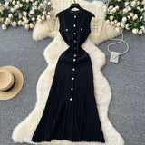 Brand Fashion Women Knitted Summer Dress Elegant Single-breasted Slim Waist Long Shirt Dress Office Lady Vestidos