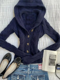 Pbong  Korean Style Hooded Knitted Cardigan Slim Fit Sweater Jacket Ultra Short Pure Color Spring Season Long Sleeve Women's Casual Set
