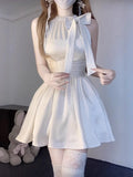 Pbong  Y2k Aesthetics Sweet Dresses Halter Bow Patchwork Pleated Slim Waist Dress Summer Vestidos De Mujer Streetwear Women Clothing