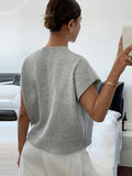 Pbong  Beaded Round Neck Knit Sweater Short Sleeve Cropped Loose Spring Women Elegant Casual Knit Top Fashion Trendy Ladies Jumper
