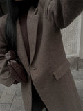 Women Elegant Shoulder Pad Wool Blend Overcoat Brown Lapel Single-breasted Long Sleeve Coat 2025 Autumn Lady Commuter Outerwear