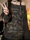 Vintage Y2K Oversize Off shoulder T shirt With Print Women Hole Hip hop Long sleeve Baggy Basic T shirt Pulovers Ladies Tops