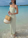 2025 New Tube Top And Long Skirts Knitting Vacation Summer Outfits Stripe Strapless Tank And Tight Skirt Sexy Beach 2 Piece Set