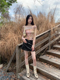 Vintage Tie Dye T Shirt Women Flare Sleeve Mesh Tops Irregual Y2k Retro Crop Tops Streetwear Japanese 2000s Tshirts