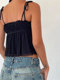 Retro Women Ruffles Patchwork Camis Sleeveless Tie-up Strap Tank Tops Bow Ruched Summer Mini Vest Party Clubwear
