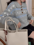 Retro Women Print Sweater Casual Korean Lazy Wind Sweet Knitted Jumpers Fall Winter Lady Long Sleeve Vintage Soft Pullover