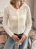 Spring and Autumn Women's Elegant Solid Color Round Neck Hollow Button Front Cardigan Sweater