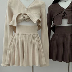 Spring Women Solid Color Vintage Knitted 2 Pieces Outfit V-neck Simple Single Breasted Blouses+A-line Short Pleated Skirts