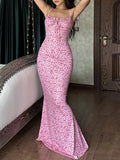 Summer Sexy Women Elegant Floral Printed Beach Vacation Bodycon Streetwear Long Dress Spaghetti Strap Sheath Dress
