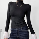 Pbong  Patchwork Flare Sleeve Woman T Shirts Turtleneck Tunic Bodycon Tees Chic Korean Y2k Tops Casual All Match Tshirt