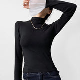 Pbong  Patchwork Flare Sleeve Woman T Shirts Turtleneck Tunic Bodycon Tees Chic Korean Y2k Tops Casual All Match Tshirt