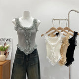 Women's Sweet Girl White Lace Knitted Crop Top Korea U-Neck Spaghetti Straps Tank Top 2025 Summer Female White Lace Stretch Cami
