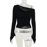 Autumn New Collection Gothic Style Sexy Slimming One-Shoulder Faux Fur Patchwork Long Sleeve Tops for Women