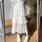 Pbong  Sweet Lace Women Cake Puff Chiffon Skirts Summer Stylish Tierred Pleated Hem Solid Long Skirt Korean A-Line High Waist Skirts