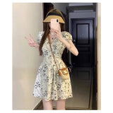 Pbong  Women's Elegant Floral Print Mini Dress Ruffle Short Sleeve V Neck A-line Party Dress
