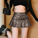 Pbong  Vintage High-Waisted PU Leather Mini Dress Slimming American Style Sexy Pleated Skirt Autumn/Winter New Arrival