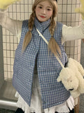 Cute Blue Plaid Puffy Vest Women Loose Vintage Sleeveless Warm Thick Winter Sweet Vest Coat Korean Preppy Style Outwear Top