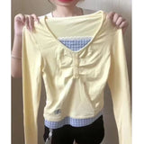 Sweet Fake Two Piece Harajuku Japanese V Neck Shirts Fashion Draped Button Design Long Sleeve Tops High Street Patchwork Tees