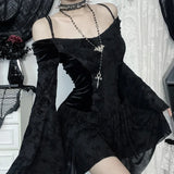 Goth Black Lace Flocking Off-Shoulder Flared Sleeve Party Dresses Y2K Vintage Velvet Patchwork A-Line Mini Dress Women