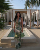 Women Fashion Tie Dye Printing Sheer Maxi Dress Sexy Pleated Deep V-neck Bodycon Maxi Dresses Vocation Beach Party Robe