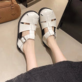 Pbong  Women's Sandals Roman Weave Hollow-Out Closed-Toe Sandals for Women Summer Outdoor Wear Flat Thick-Soled Buckle Sandals