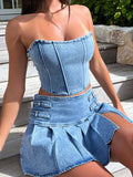Sexy Denim Skirt Sets Women Strapless Crop Tops And Mini Skirt Ladies Fashion Club Party Pleated Skirt Two Piece Set