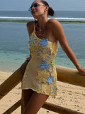 Sexy Knitted Beads Top Long Skirt Woman's Set Casual Beach 3D Flowers Tops Hollow Out Low Waist Skirts Sets Female Party Holiday
