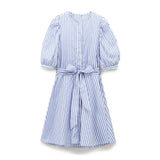Stripe Puff Sleeve All-match Women Dress With Belt 2025 New Round Neck Casual Short Dress A-line Elegant Chic Female Vestidos