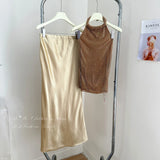 Pbong   Luxury Evening Party Golden Two-piece Skirts Sets Sexy Backless Halter Tops Korean Fashion High Waist Mermaid Skirts Suits