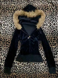 Pbong  Y2K Velvet Zipper Hoodie with faux fur collar, pink slim fit hoodie, casual winter streetwear, retro women's coat