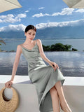 Women Satin Solid Color Swinging Collar Evening Dress Elegant Party Dresses New Summer Sexy Spaghetti Strap Backless Maxi Dress