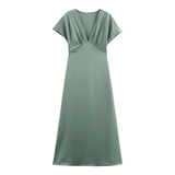 V-neck Flare Sleeve Party Dress Simple All-match Solid Color Satin Long Dress New High Waist Fashion Chic Femme Vestidos