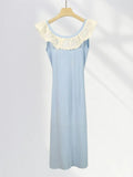 Peter Pan Collar Ruffle Knit Long Dress 2025 Blue Embroidery Patchwork Sweet Chic Tank's Dress Sleeveless Slim Summer Dresses