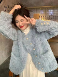 Women Sweet Cute Faux Lamb Coat Winter Warm Thick Slim Long Sleeve Vintage Jacket Korean O Neck Elegant Pearls Buttons Tops New