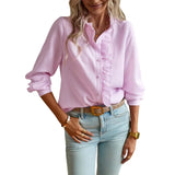 Pbong  Elegant Work Shirt Women's Ruffle Trim Button Up Long Sleeve Blouse Top Cotton Stand Collar