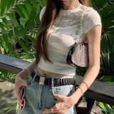 Pbong  American diamond-encrusted short-sleeved T-shirt women's spring and summer new fashion shoulder round neck Joker short top