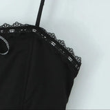 Pbong  Sexy Black Spliced White Sling Dress Women Drawstring Ribbon Bow Slash Collar Slim Low Waist Swing Mini Dresses Summer Robe