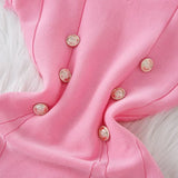 Pbong  Chic Fashion Slim Waist A-line Knitted Dress  New Summer Elegant Double-breasted Party Dress Korean Outfits Vestido