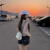 Sweet Blue Plaid Puff Sleeve Women Cropped Shirts Square Collar Korean Fashion Ruffle Blouses Slim Aesthetic Summer