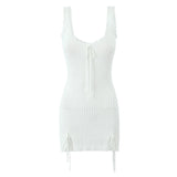 2025 New Pink White Lace Patchwork Short Dress For Women's Clothing Ruffle Square Collar Vacation Beach Summer Knit Slip Dress