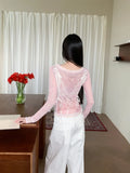 Designer Pink Long Sleeve T Shirt For Woman Fall 2025 Lace Print Funny Tees Cute Mesh Top Kawaii Clothes