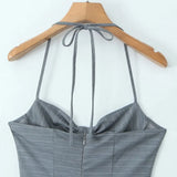 Pbong  Gray Striped Print Ruched Chest Corset Style Bow Halter Sling Dress Women Backless Low Waist Mini Swing Dresses Summer Robe